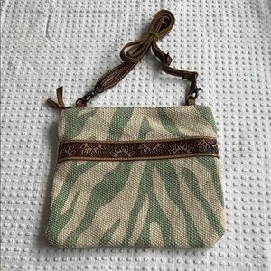 Woven Green Zebra Print Crossbody Bag with Brown Trim
